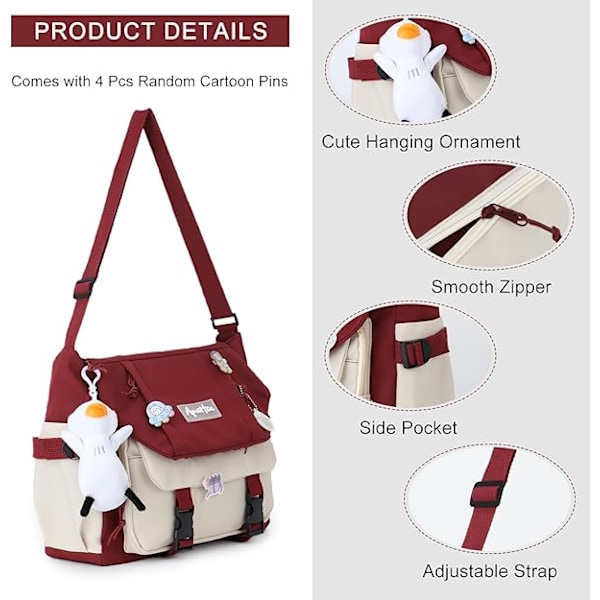 Söpö olkalaukku teinitytöille ja naisille, Kawaii-olkalaukut, Crossbody-olkalaukku pinneillä ja riipuksella Rojo