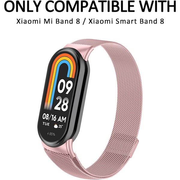 Rem til Xiaomi 8 Mænd Kvinder, Metal Rem til Xiaomi Mi Band 8 Magnetisk Rustfrit Stål Mesh Rem med Stærk Magnetisme Rose Powder