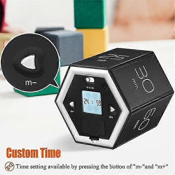 Hexagon Flip Timer med Tyst & Larmfunktion - Köksklocka Lätt att Använda - Tidshantering Pomodoro Timer för Barn Svart