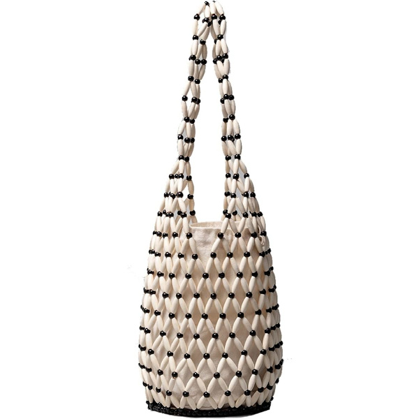 Retro Træ Skuldertaske Kvinder Vævet Perlebesat Håndtaske Udhulet Tote Taske Casual Strand Bucket Taske White
