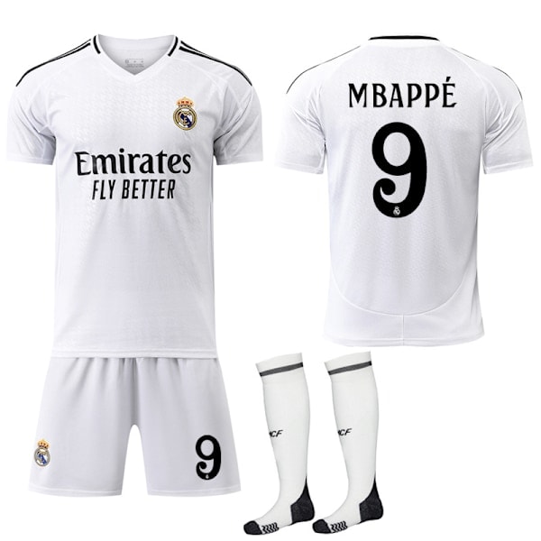 2024-2025 Real Madrid Hemma Barn Vuxen Fotbollströja med Strumpor No.9 Mbappe 28