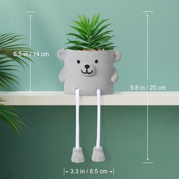 Sæt med 2 Kunstige Potteplanter Søde Falske Sukkulenter med Hængende Ben Emotionel Cement Faux Sukkulent Potteplante Dekoration 2 Pcs- Smlie Bear