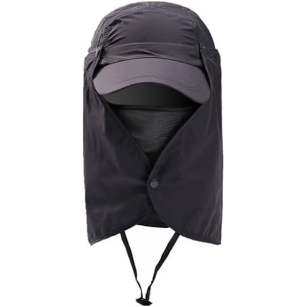 Solhatt med Avtakbar Ansikts- og Nakkeklaff - Bøttehatt med Snøre - Utendørs UPF 50+ Solbeskyttende Hatt - Bøttehatt for Camping og Fotturer Dark Gray