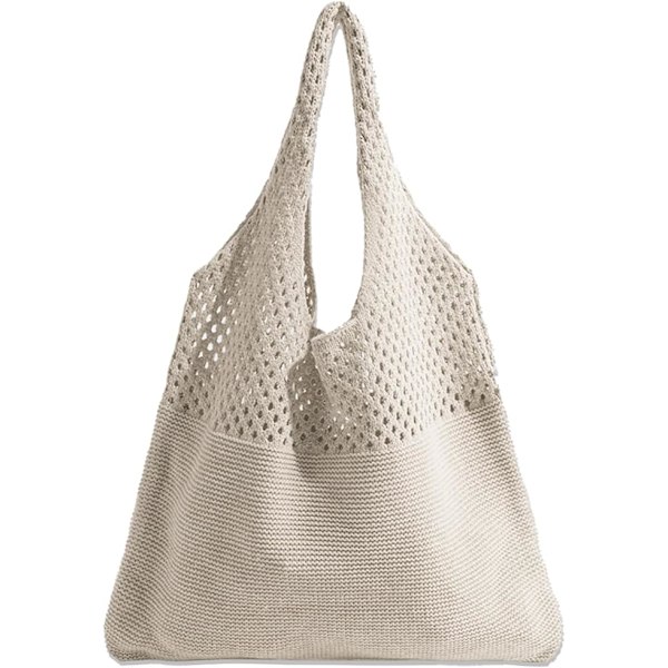 Strandtaske til kvinder, sommerhæklet netstrikket taske, store vævede skuldertasker, til rejser, shopping og daglig brug (beige)