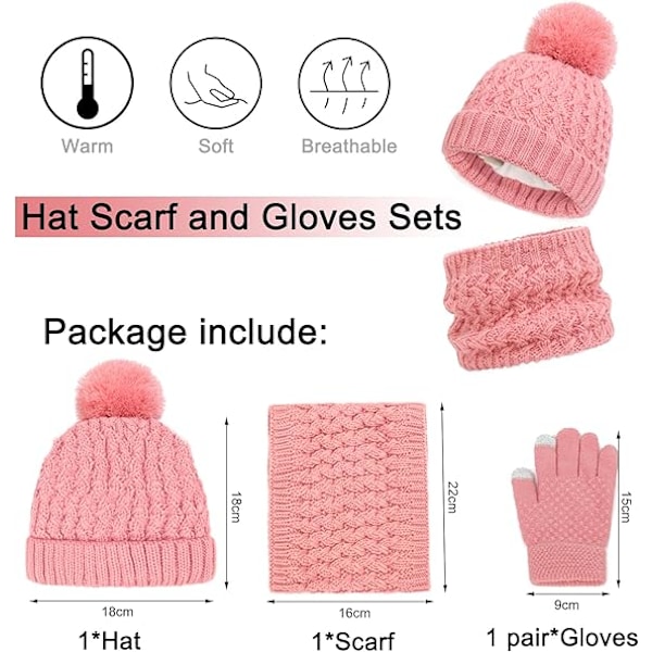 Vintermössa, Halsduk och Vantar Set för Barn, 3-Delar Stickad Varm Crochet Tjock Fluffig Halsduk Pom Pom Mössa Två Fingrar Touch Screen Vantar Set Pink2