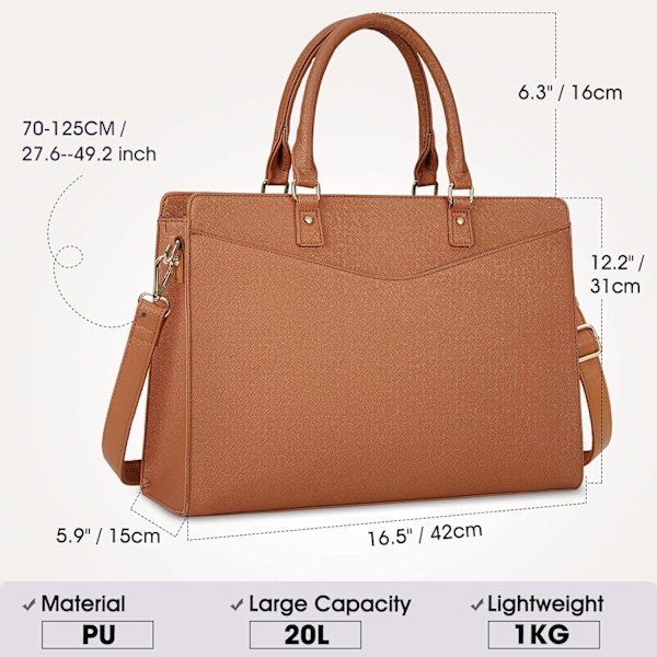 Stor Dame Håndtaske 15,6 Tommer Laptop Taske PU Læder Skoletaske Vandtæt Tote Taske Shopper Skuldertaske Marrón