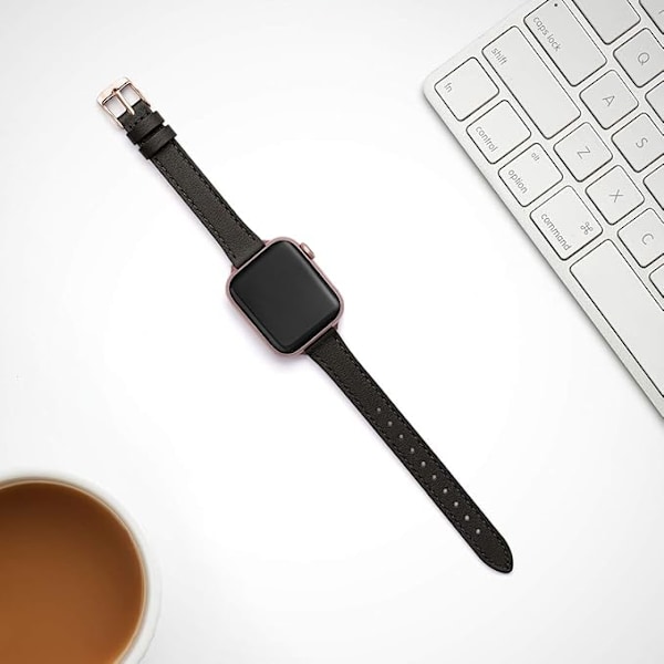 Læderrem kompatibel med Apple Watch-remme Ægte Slank og tynd læderudskiftningsrem, armbånd til iwatch-serie til kvinder og mænd Black&Rose Gold 42/44/45/49mm