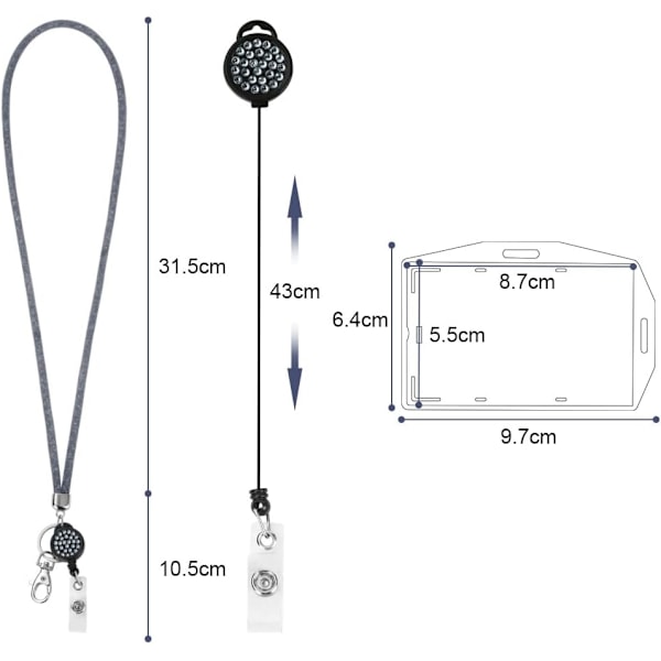 Kortholder med Lanyard, Krystall Lanyard med Transparent ID-kortholder, Lanyard og Badgeholdersett, Nøkkelring Badgeholdere og Halsbånd for Nøkler Gray