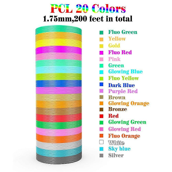 3D-printerpen PCL Filament Refills 1,75 mm, pakke med 20 tilfældige farver, lav smeltetemperatur på 70, gave