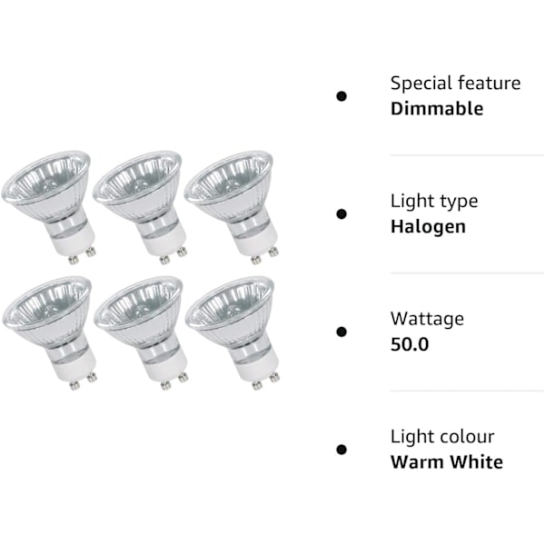 GU10 Halogenpærer 220V GU10 Halogen Spotlight Pærer 450lm 2800K Varmt Hvit 40° Strålevinkel GU10 Pærer for Taklamper Dimmbare - 6-pakning GU10 50W