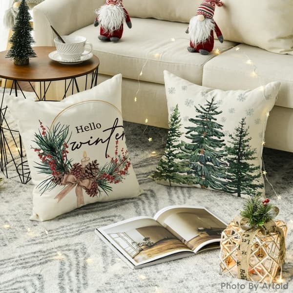 Julkuddfodral Set om 4, 45x45 cm, Tallar och Renar, Vinter Jul Dekorativa Kuddfodral Soffa Vardagsrum