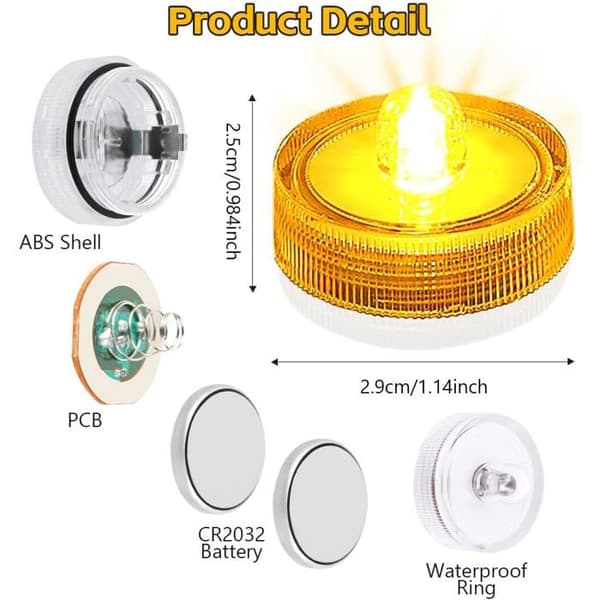 Set med 12 mini-dränkbara LED-lampor, dränkbara LED-ljus, IP68 vattentäta, batteridrivna, för dammar (varmvit)