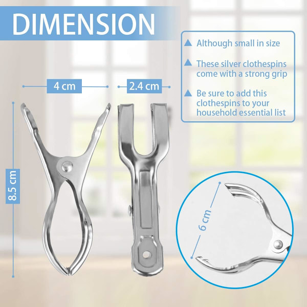 12 stk 12 cm Store Solstols Håndkleklemmer i Rustfritt Stål, Strandhåndkleklemmer Tøy Klemmer Håndkleklemmer for Solstoler, Solstoler, Bassengstoler, Vaskerom Sliver 8.5cm- 6