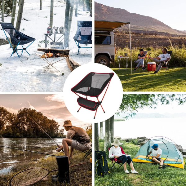 Ultraletvægts sammenklappelig campingstol, udendørs stole med bæretaske til camping, have, fiskeri, strand, grill - rød