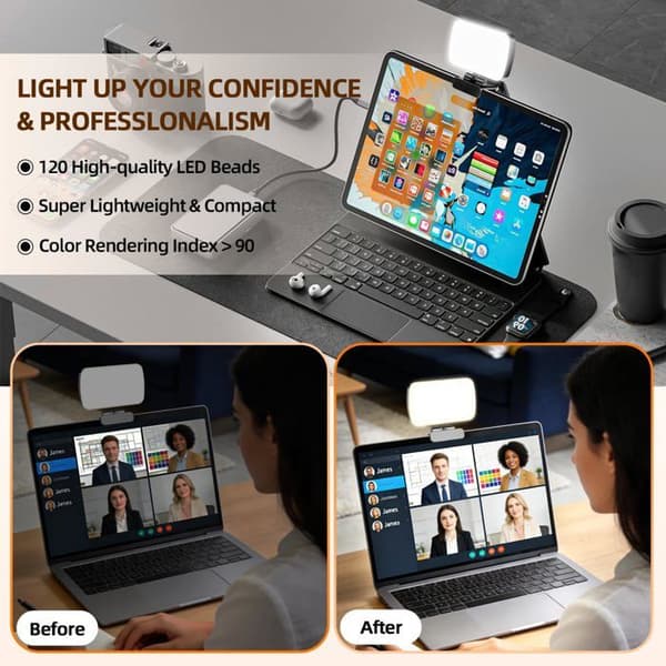 Konferencevideokliplys - 120 LED'er, 3 tilstande, 3000K-6500K, egnet til pc, computer, Zoom