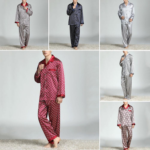Miesten kesäinen silkkijäljitelmä pyjamasetti, painettu paita, pitkät housut, yöasu Silver grey XXXL