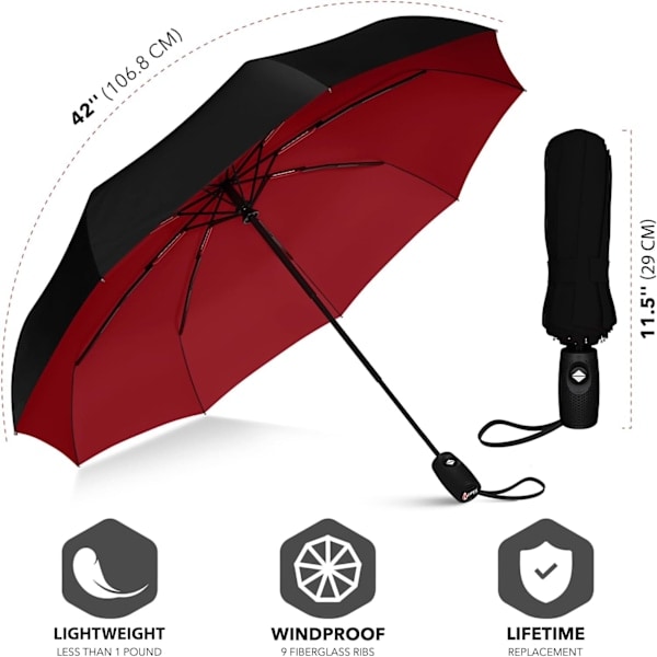 Repel Paraply Vindtætte Rejseparaplyer til Regn - Nem Automatisk Åbning og Lukning, Holdbar & Kompakt Paraply, Stærk Glasfiberramme Black Red