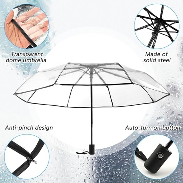 Automatisk sammenklappelig gennemsigtig paraply, automatisk åbning og lukning gennemsigtig paraply sammenklappelig gennemsigtig paraply
