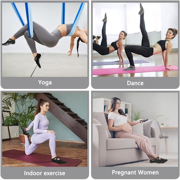 Yogas strumpor, halkfria Pilates strumpor med band, bomullsstrumpor med fem tår för Pilates, balett, barre, barfota träning, dans - svettabsorption Black+Grey