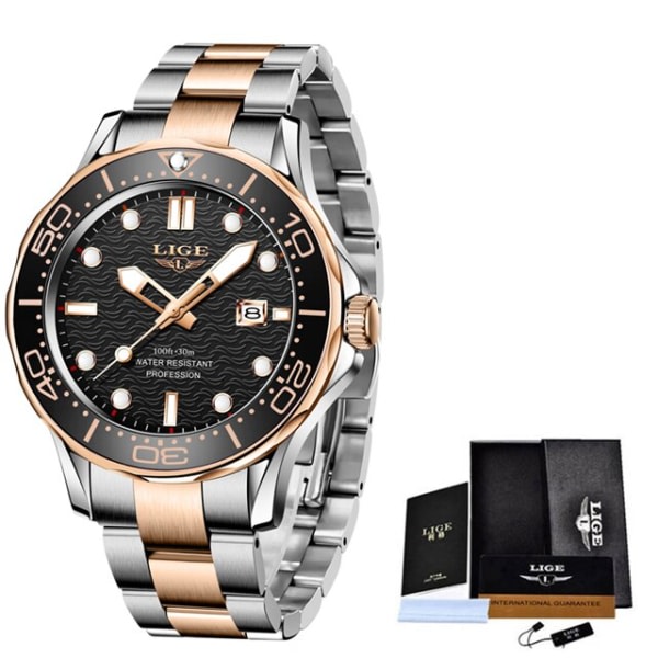 LIGE Watch Business Date Watch for Men Luxury Sports Quartz Watches Waterproof Luminous Silikon Armbandsur Relogio Masculino Steel Gold Black