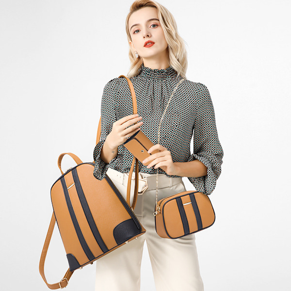 Brun PU Läder Ryggsäck Dam Lyx Axelväska Korthållare Set Crossbody Väska Gåva Brown