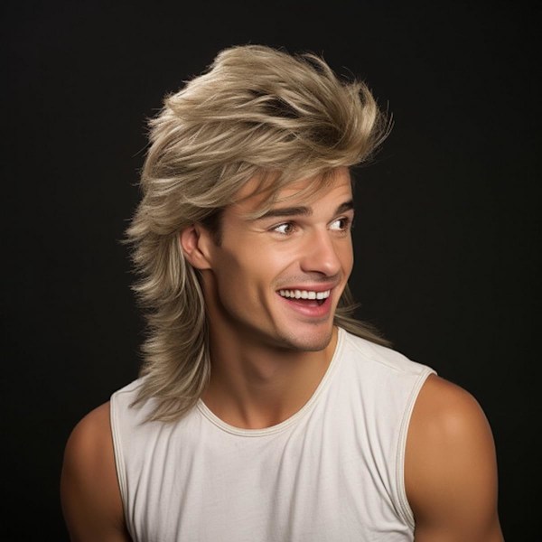 Blond Mullet-peruk | Herrperuk för Vuxna | Pop Rock-peruker för Män | Herrperuker för Maskeradkläder från 70-talet | 80-talsperuk Blonde