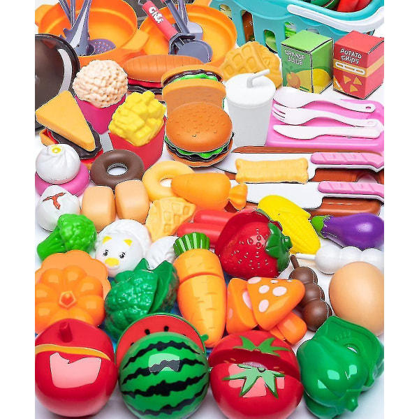 Pedagogisk skärning Lek matleksak för barn Kök - 60 st låtsas frukt & grönt med varukorg och miniskålar i plast