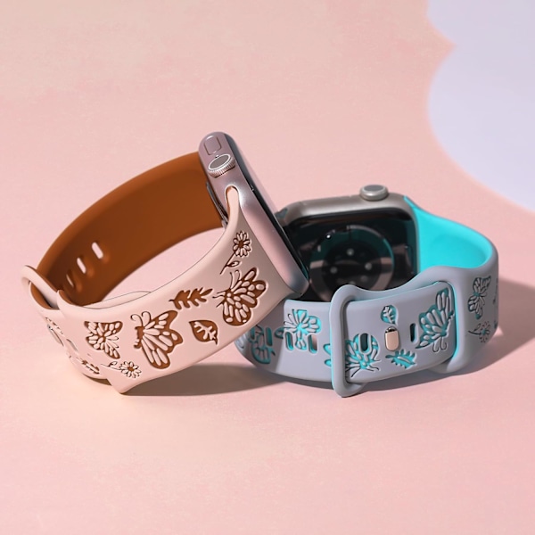 Blomstergravert rem for Apple Watch-remmer for kvinner, søte blomster- og sommerfuglsportsremmer i silikon for Apple Watch-serien Gray Cyan 42/44/45mm