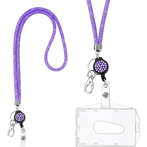 Korthållare med Snodd, Kristallsnodd med Transparent ID-Korthållare, Snodd och Badgehållare Set, Nyckelring Badgehållare och Halsband för Nycklar Purple