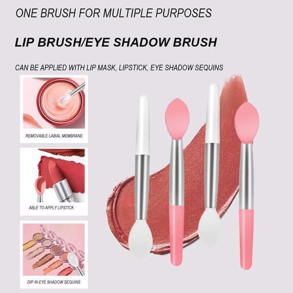 Silikone læbebørste - 4, lyserød, mini dobbeltsidet - læbepomadeapplikator - til bærbar makeup