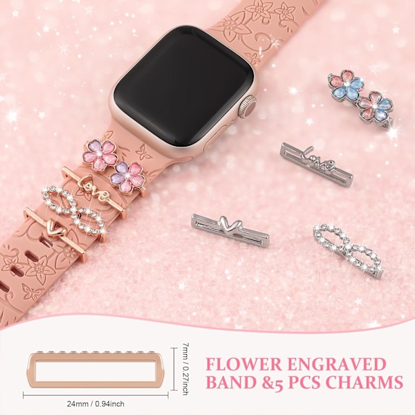 1 sett med charms til Apple Watch-stropper for kvinner, dekorative ringer for iWatch-serier, charms-tilbehør til silikonestropper Rose gold Love