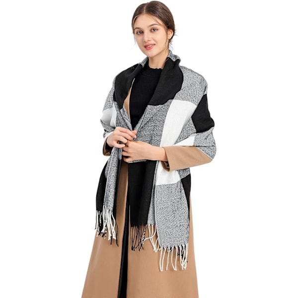 Dam Scarves Vinter Lång Mjuk Varm Tartan Rutiga Wraps Ull Spinnande Tassel Sjal Stole Scarf Ladies Black