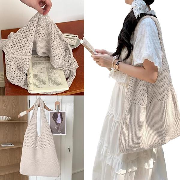 Strandtaske til kvinder, sommerhæklet netstrikket taske, store vævede skuldertasker, til rejser, shopping og daglig brug (beige)