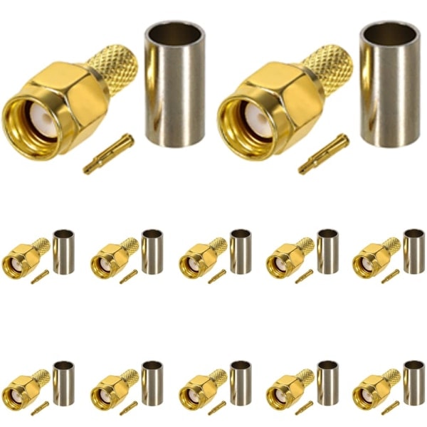 12 stk. SMA-stik, guldbelagt RF-stik, han, crimp til RG58 RG303 RG141 RG142 RG400 LMR195 koaksialkabler