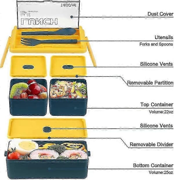 Bento Box Madkasse til Voksne, 3-i-1 Stabelbare Madbeholdere - Excellence blue