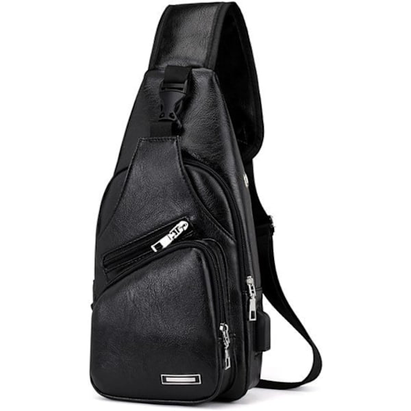 Bröstväska i läder för män, Retro Vattentät PU Läder Crossbody Väska för män med USB-portar, Stor PU Läder Messenger Väska #1 Negro