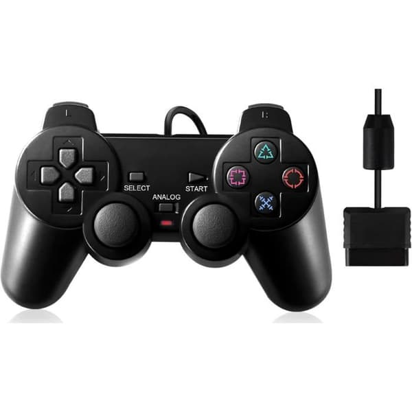 En kablet controller, kompatibel med PS2, med dobbelt vibration, et ergonomisk greb og et gaming-joystick.