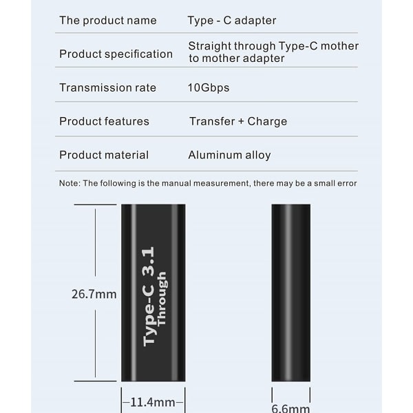 USB C-hona till hona-adaptrar (2), stödjer snabbladdning och dataöverföringsexpansion, hastighet på 10 GBps