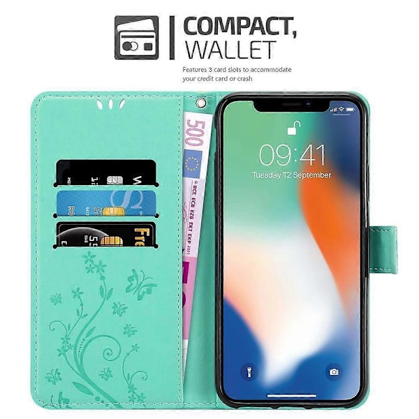 iPhone XS MAX Suojakotelo - Kukkakuviolla ja Korttipaikalla FLORAL TURQUOISE iPhone XS MAX