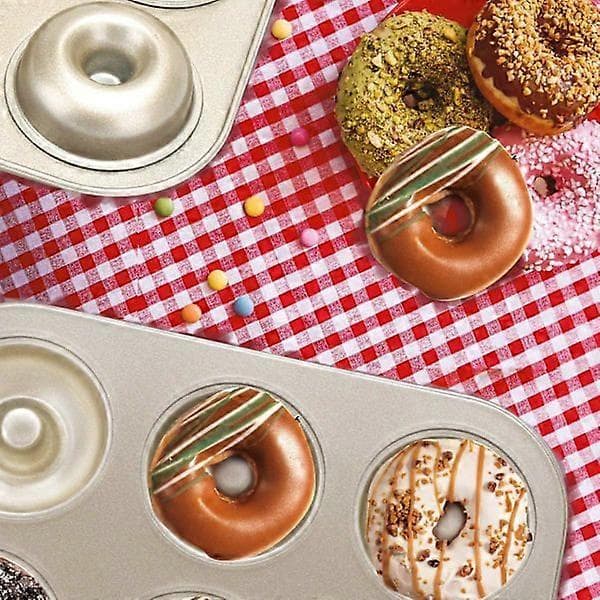 Donutforme sæt med 2, non-stick små mini donut bageforme, kulstofstål donut bageplade bagelform til 6 donuts