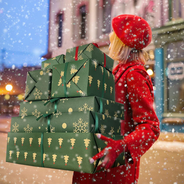 Julpapper 70x50 Julpapper Ark 5 med band, julklappar, julklappspapper Förpackningsmaterial Grönt presentpapper