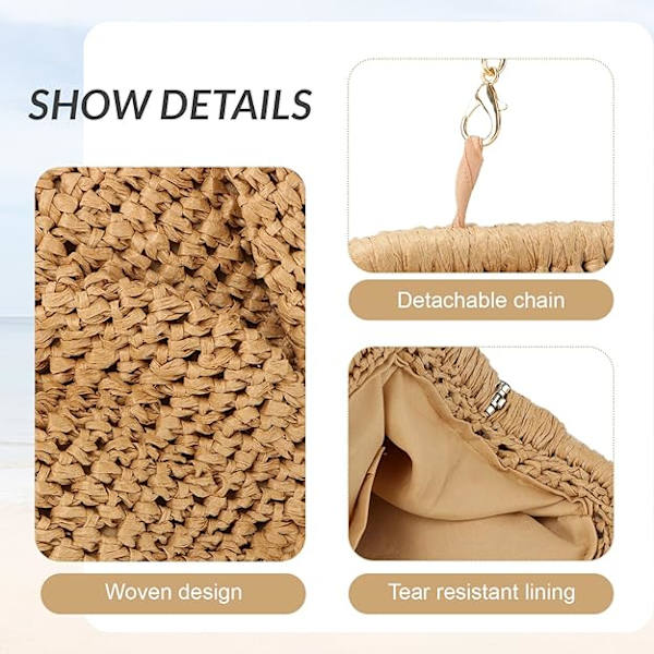 Stråväska Dam Moln Bröllopsfest Strå med Kedja Vävd Strå Crossbody Väskor för Semester Strand Caqui