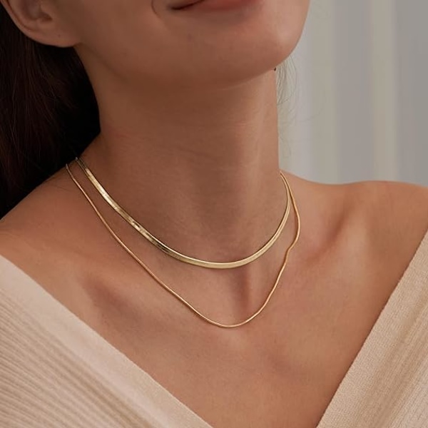 Slangekjede Halskjede 14K Gull/Sølvbelagt Fiskebenskjede Gull Choker Halskjeder for Kvinner Jentegaver Smykker