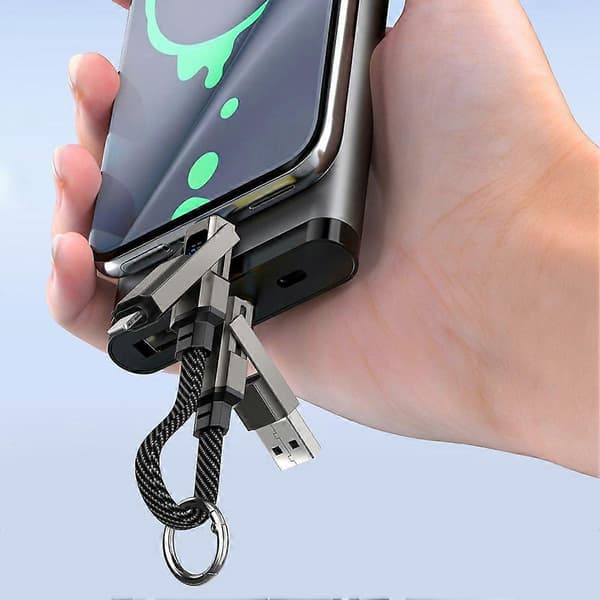 65W Snabbladdande 4-i-1 Nyckelringskabel med LED-display för iPhone & Android - USB C & USB A Multiladdare Black