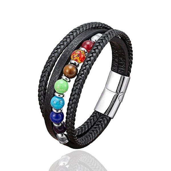 7 Chakra Natursten Handgjorda Flätade Läderarmband Män Kvinnor Färgglada Reiki Healing Pärlarmband h1 21cm