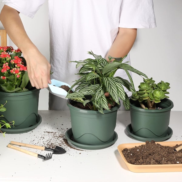 3-pack Plastkruka med Fat, Rotkontroll Plantkruka för Fröplantor Dekorativ Trädgård Blomma Kruka Behållare Grön för Inomhus Utomhus Bonsai Växter 16CM Diameter