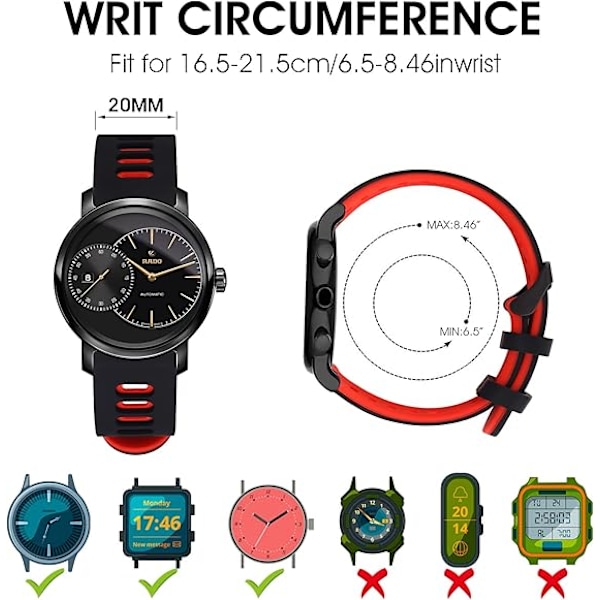 Silikone Gummibånd til Ure, Quick Release Sport Remme til Udskiftning, Universal Smartwatch Rem med Sort Rustfrit Stål Spænde til Mænd og Kvinder Black-Red 20mm