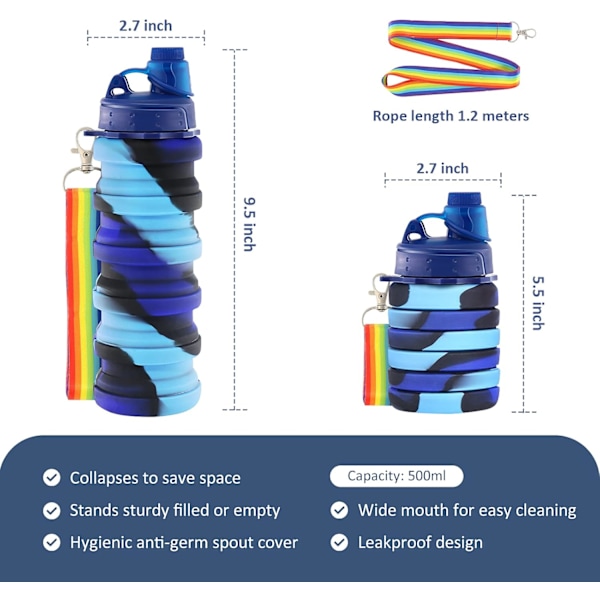 Silikoninen Vedenpullo Lapsille, 500 ml Kannettava Taittuva Vedenpullo, Vuotamaton Silikoninen Juomapullo Nauhahihnalla Tytöille ja Pojille Blue