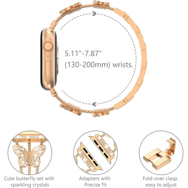 Armband kompatibel med Apple Watch för kvinnor, glittrande fjäril, fashion metall, bling, rostfritt stål, länkarmband, ersättningsband Rosegold 42/44/45mm