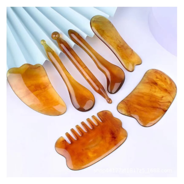 7-delars Gua Sha-set, Harts Gua Sha-set för ansikte och nacksmärta amber